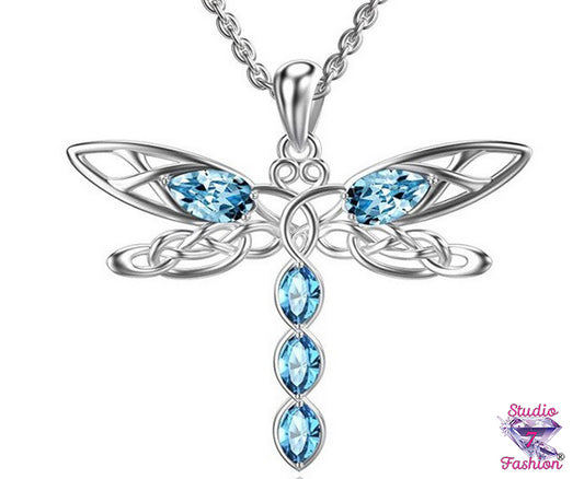 Blue Rhinestone Dragonfly Necklace