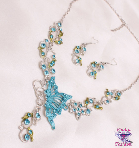 Large Butterfly Blue Necklace Earring Set