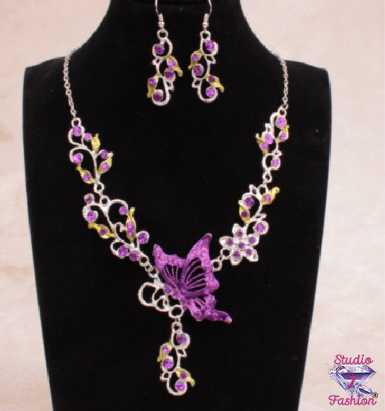 Large Butterfly Purple Necklace Earring Set