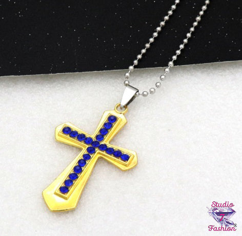 Gold Cross Blue Rhinestone Necklace