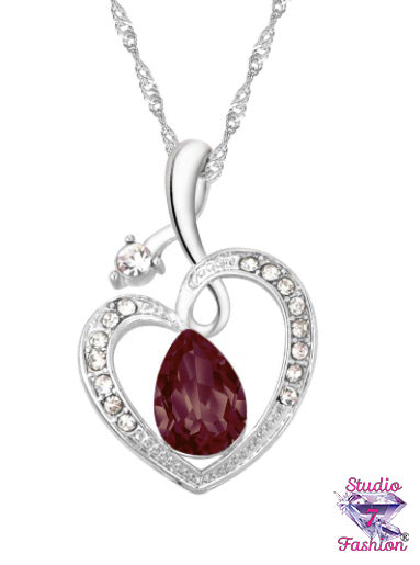 Marquise-cut Rhinestone Heart Necklace Burgundy