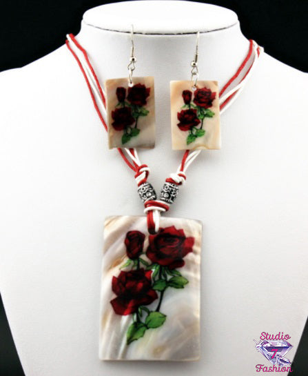 Hand Painted Roses Necklace Earring Set