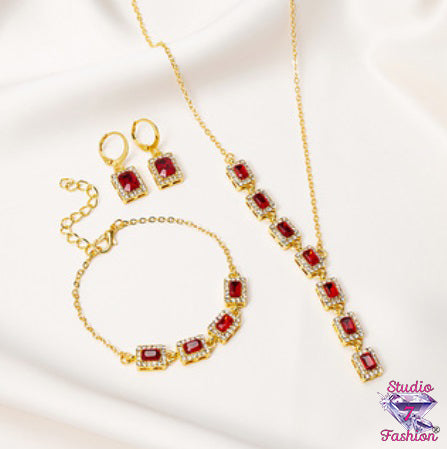 Ruby Rhinestone Gold Necklace Bracelet Earring Set