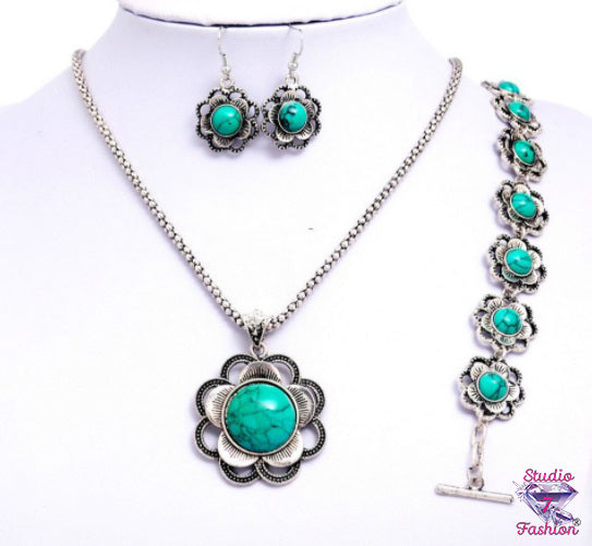 Turquoise Set Necklace Earrings Bracelet