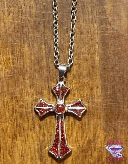 Stylized Old World Cross Necklace Red