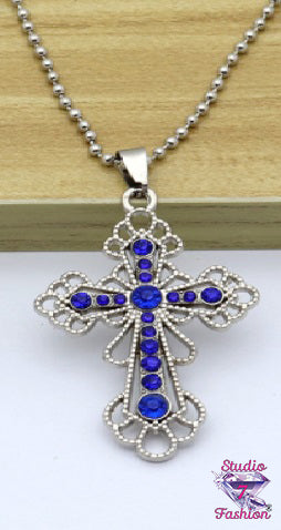 Filigree Blue Rhinestone Cross Necklace