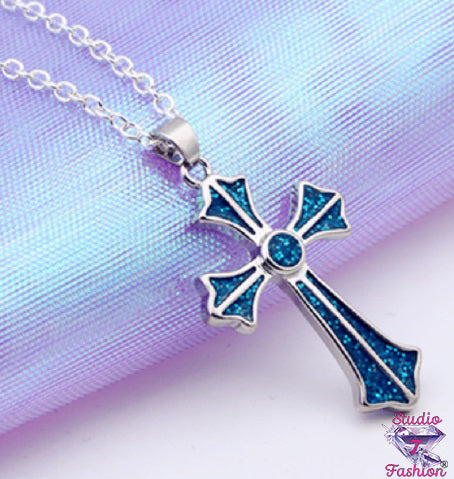 Stylized Old World Cross Necklace Blue