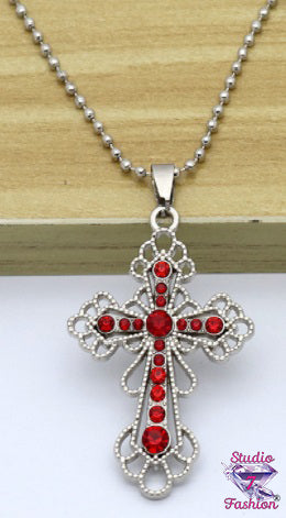 Filigree Red Rhinestone Cross Necklace