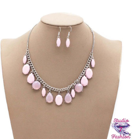 Pink Teardrop Necklace Earring Set