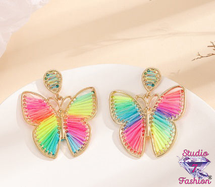 Large Handwoven Rainbow Butterfly Earrings