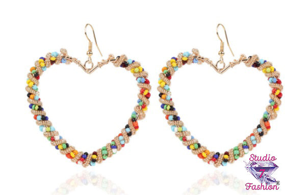 Big Heart Hoop Multicolor Bead Earrings