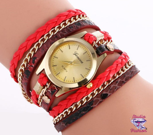 Multilayer Red Woven Bracelet Watch