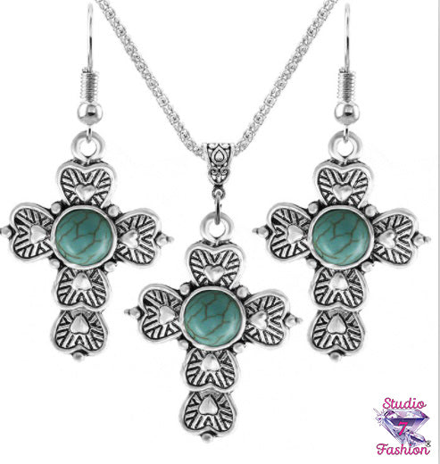 Cross Turquoise Cabochon Necklace Earring Set