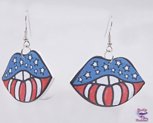 Patriotic Lips Wooden Earrings