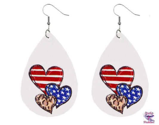 Hearts Patriotic Teardrop Wooden Earrings