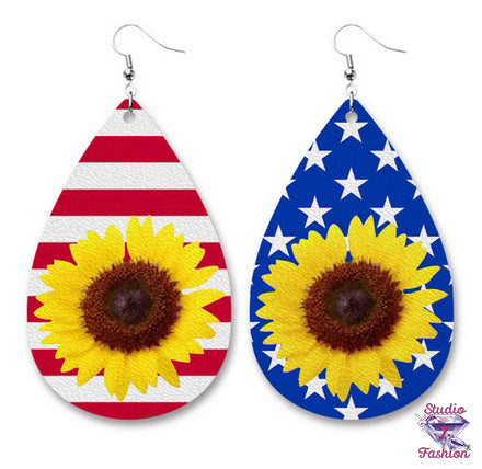 Stars and Stripes Sunflower Leatherette Earrings