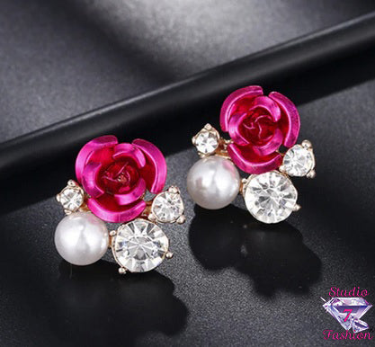 Rose Pearl Rhinestone Earrings