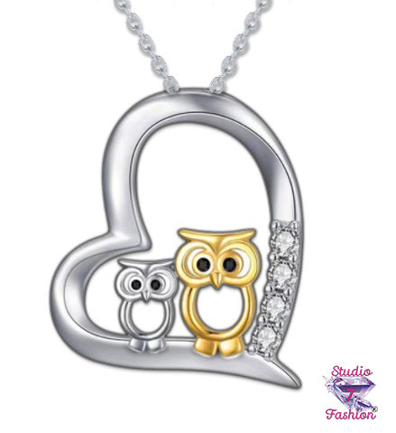 Owls on Heart Rhinestone Necklace