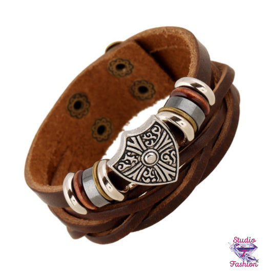 Coffee Brown Leatherette Shield Bracelet