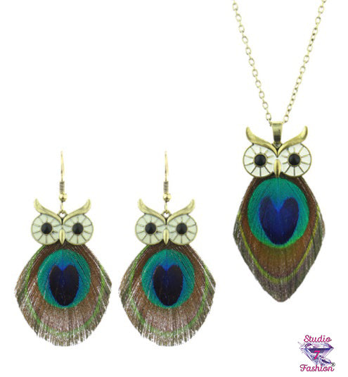 Peacock Feather Owl Necklace Earring Set