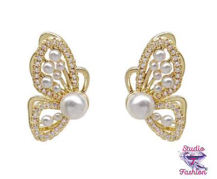 Golden Butterfly Pearl Earrings