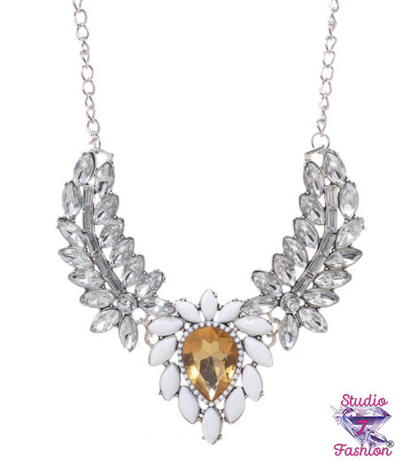 Fantastic White Opals and Crystal Rhinestones Necklace