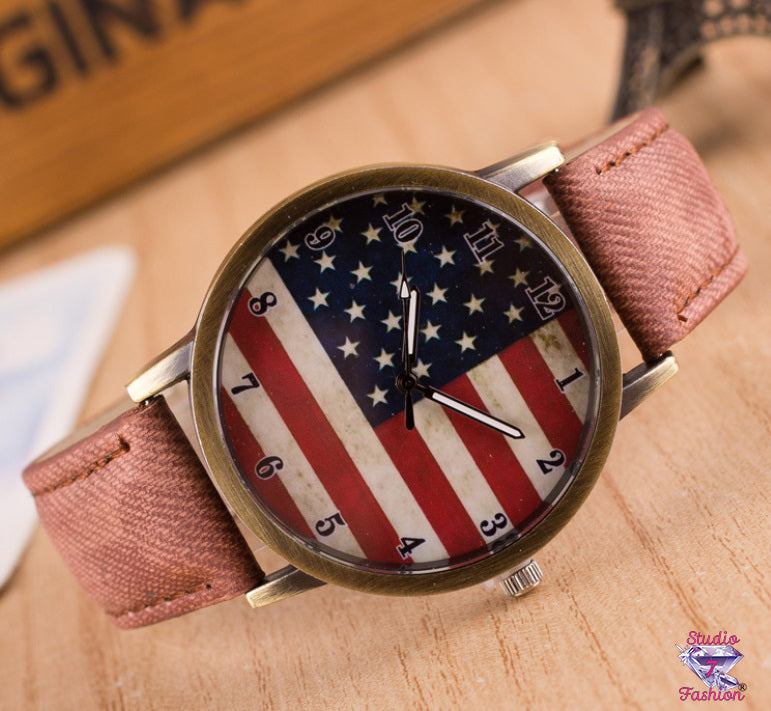 Stars and Stripes Brown Denim Patriotic Watch