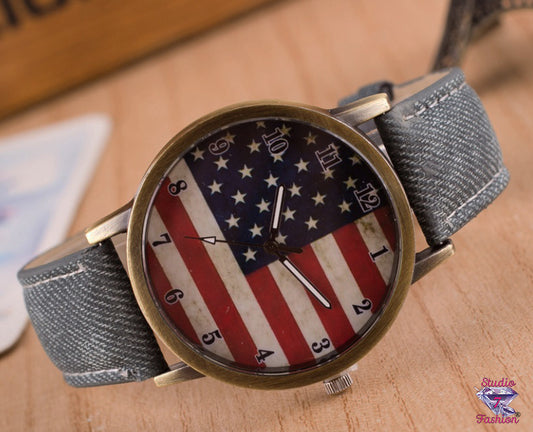 Stars and Stripes Black  Denim Patriotic Watch