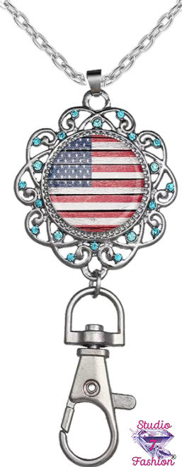 Blue Rhinestone American Flag Lanyard