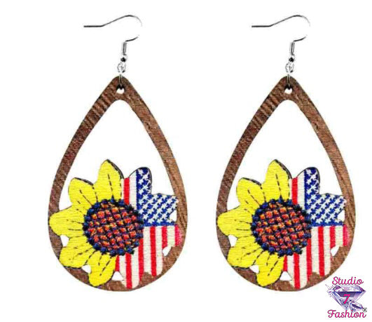 Wooden Patriotic Sunflower Flag Earrings