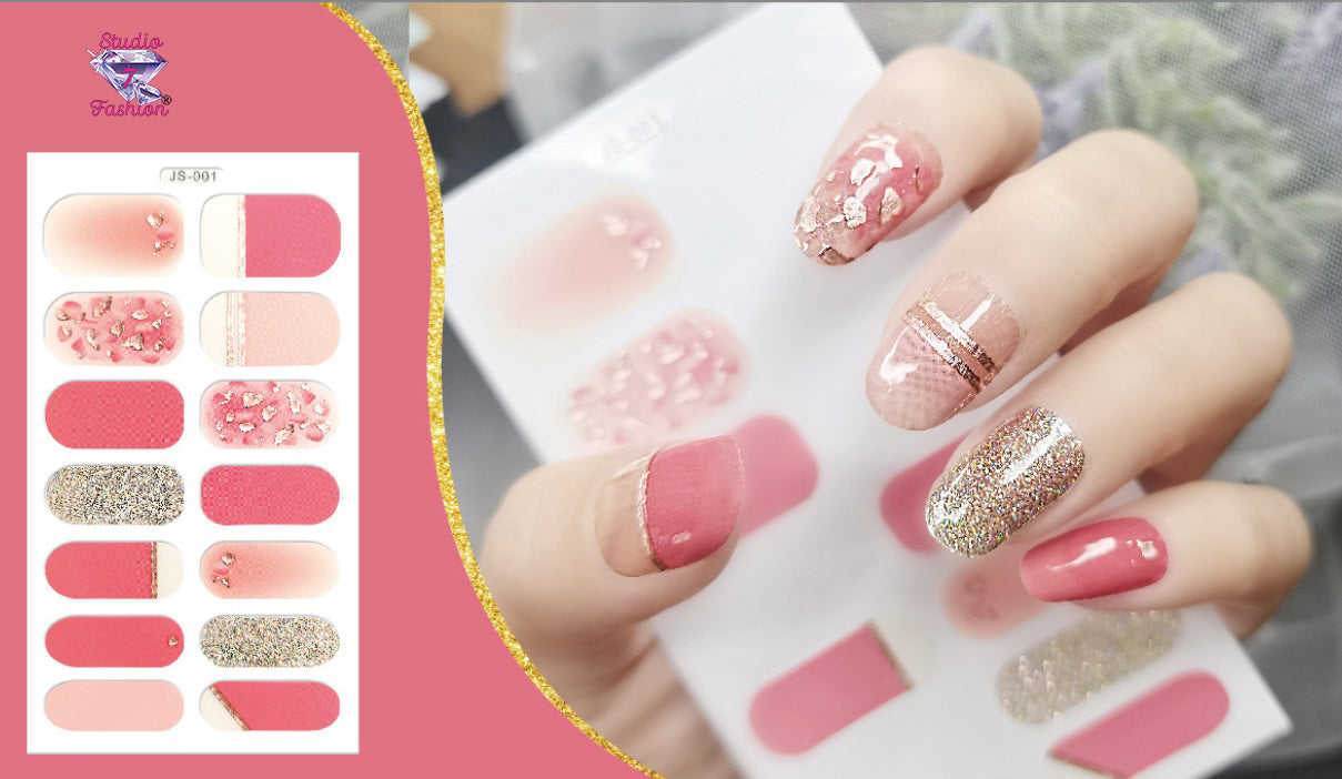 Pink/Crushed Glitter Bands Nail Art