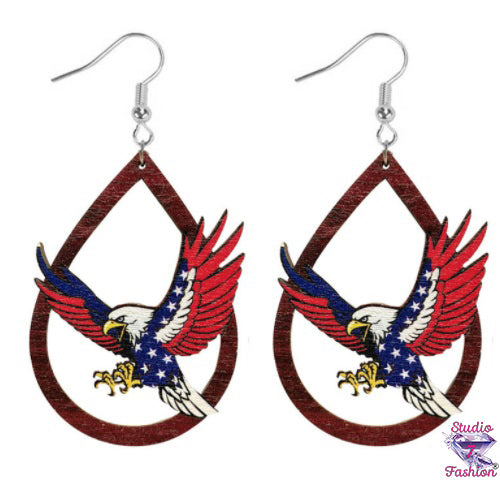 Wooden Screaming Patriotic Eagle Earrings