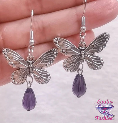 Amethyst Drop Butterfly Earrings