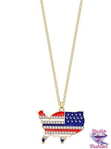 US Shape Flag Rhinestone Patriotic Necklace