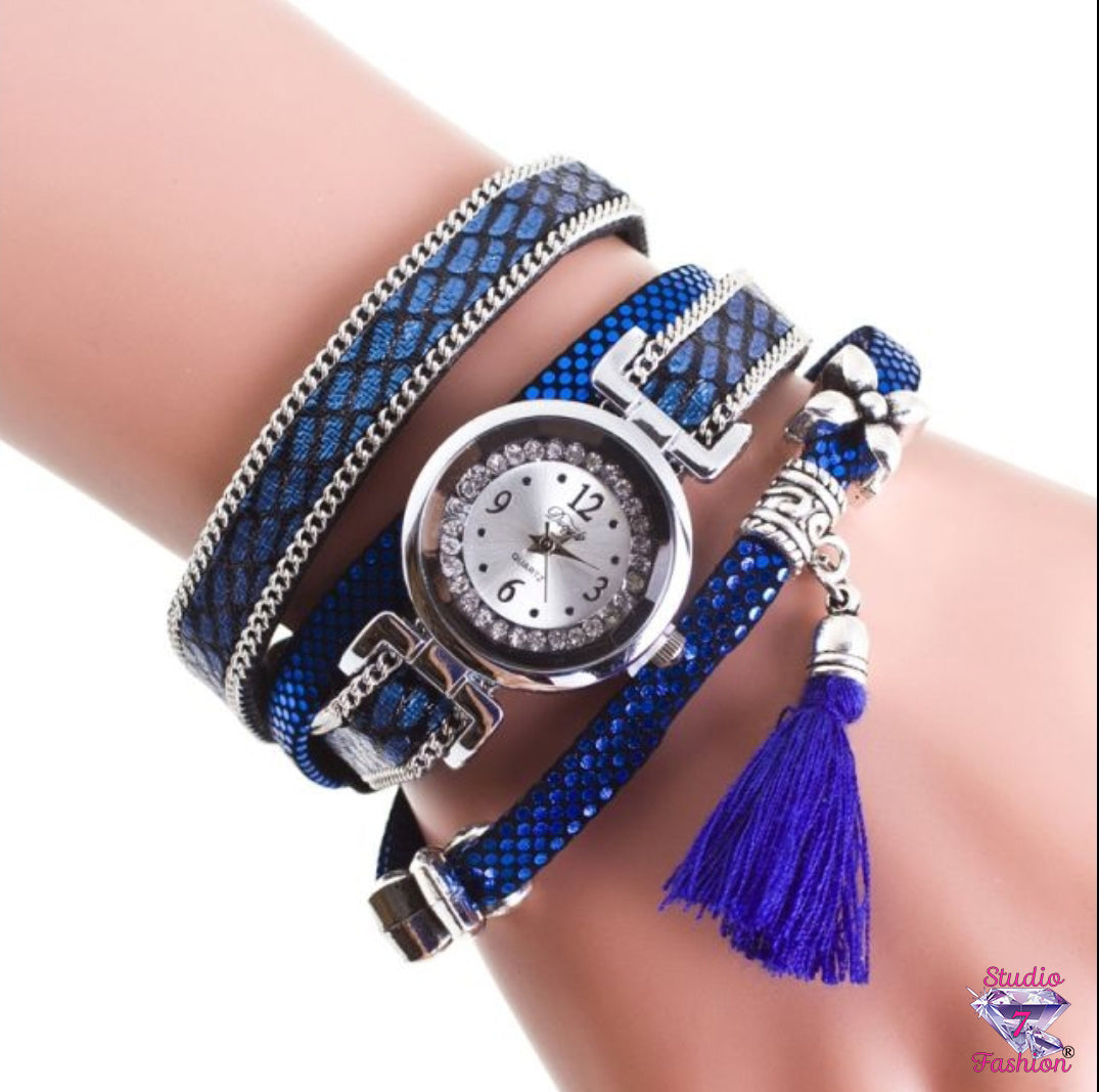 Multilayer Leatherette Cobalt Tassel Watch