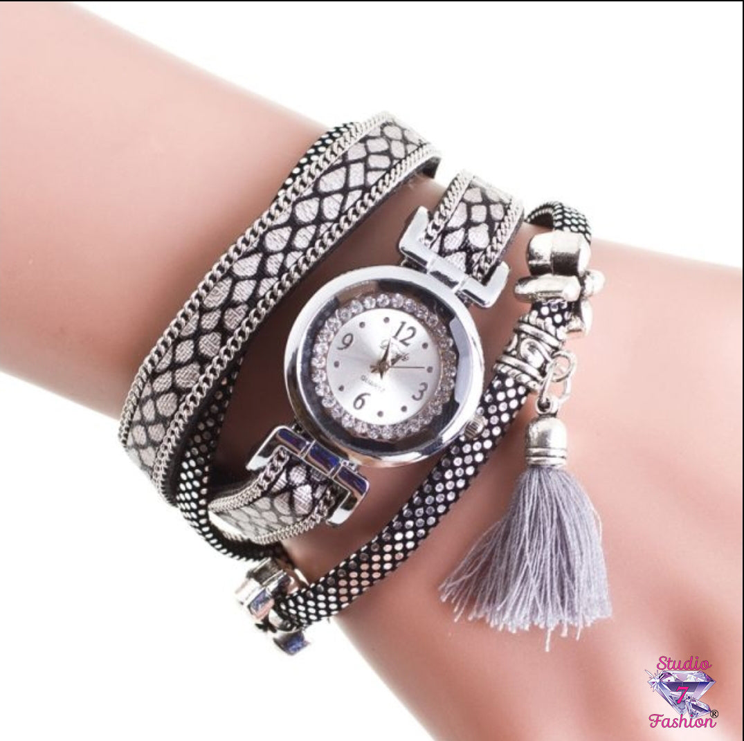 Multilayer Leatherette Silver Tassel Watch