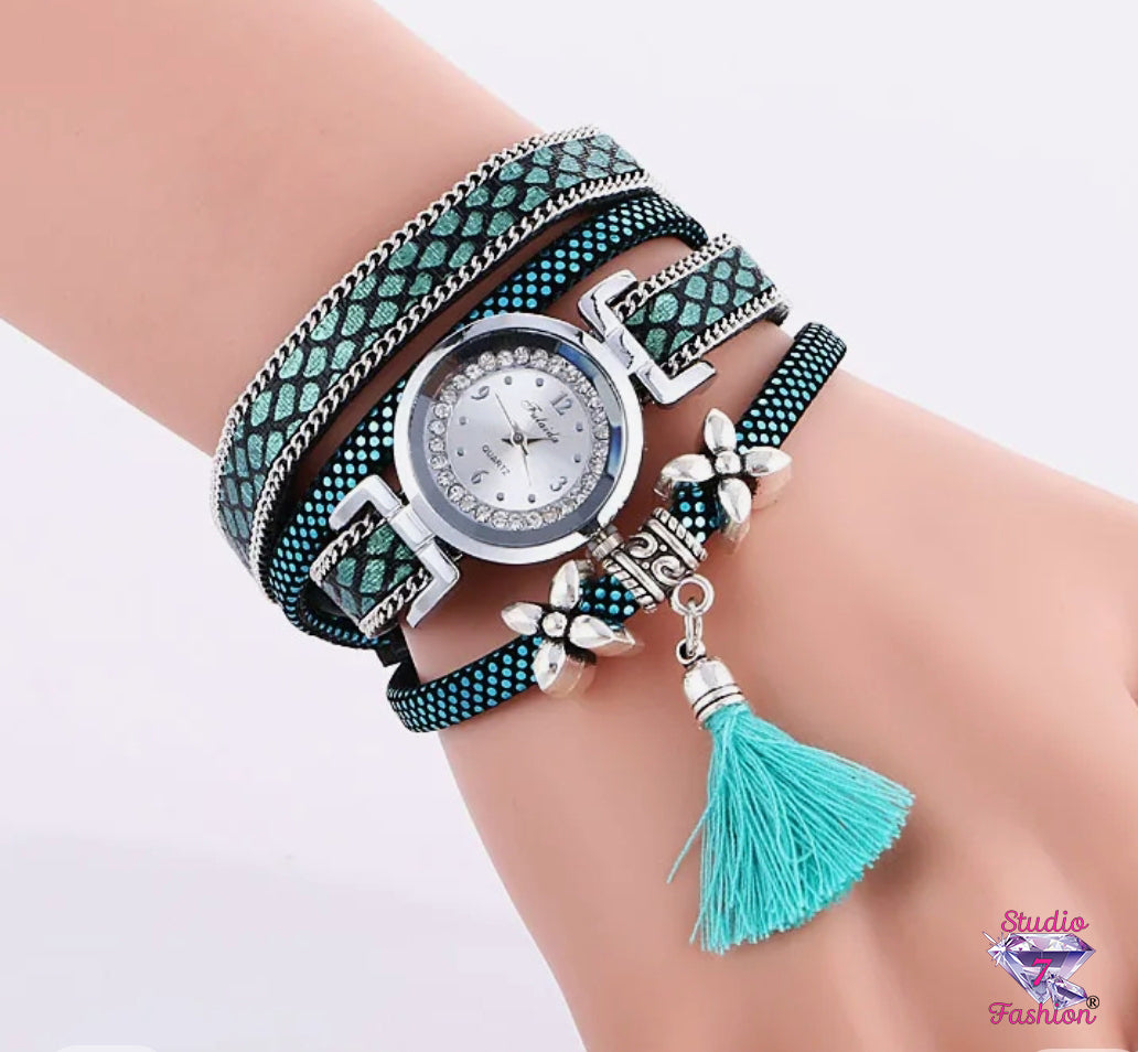 Multilayer Leatherette Turquoise Tassel Watch