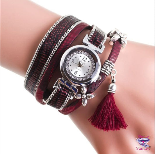 Multilayer Leatherette Burgundy Tassel Watch