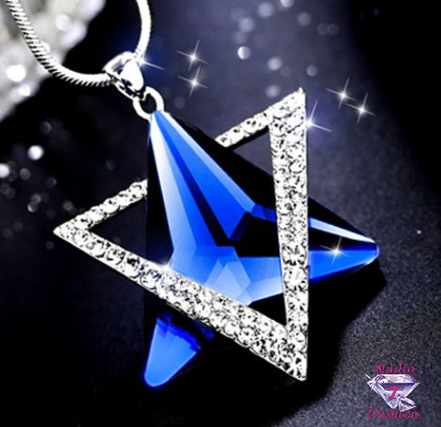 Tri-Lobal Sapphire in Triangular Rhinestone Necklace