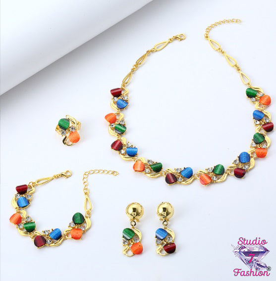 Multicolor 4pc Necklace Earring Bracelet Ring Set