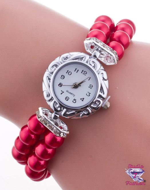 Metallic Red Bead Silver Watch