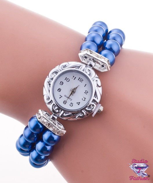 Metallic Blue Bead Silver Watch