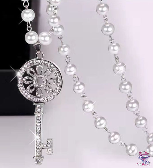 Fabulous Rhinestone and Pearl Key Necklace