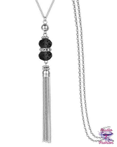 Silver Tassel and Ebony Bead Necklace