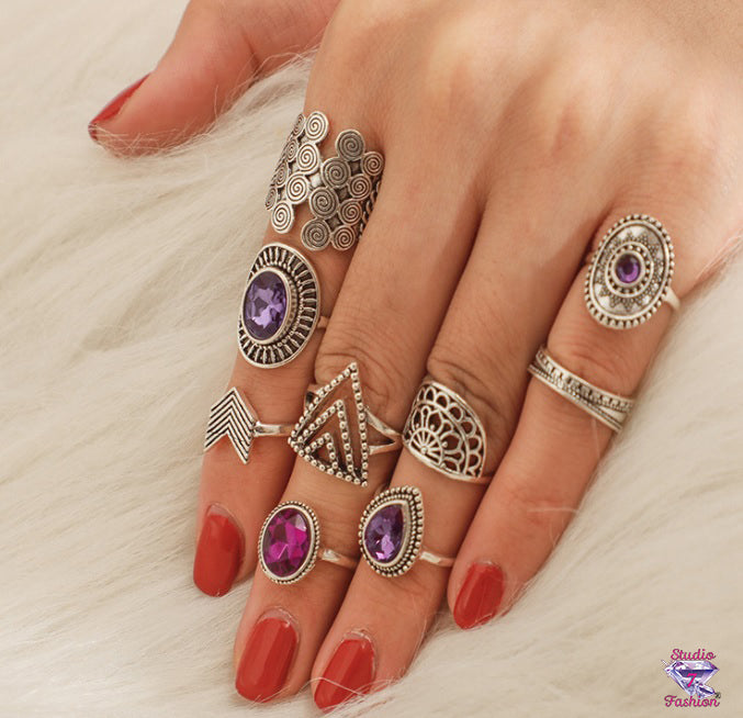 Set Knuckle Rings Colorful Gems