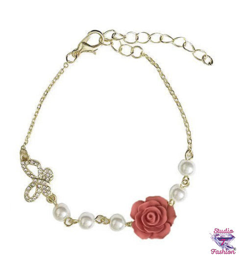 Butterfly Pearls and Rose Bracelet Pink