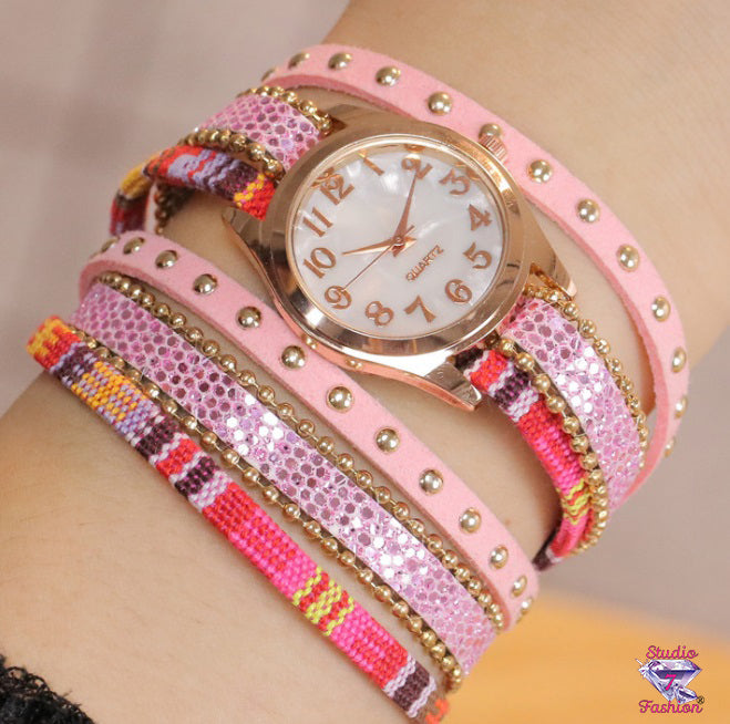 Multicolor/Multilayer Wrap Watch-Pink