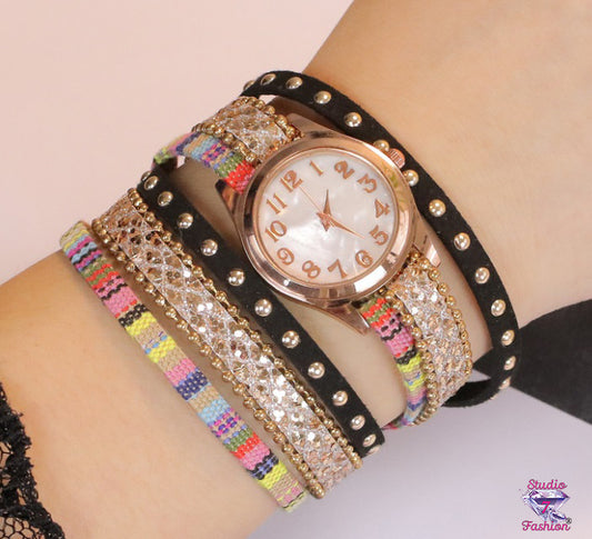 Multicolor/Multilayer Wrap Watch-Black