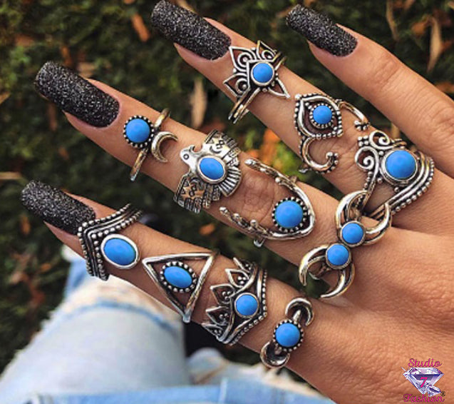 11pc Gorgeous Azure Ocean Blue Knuckle Ring Set