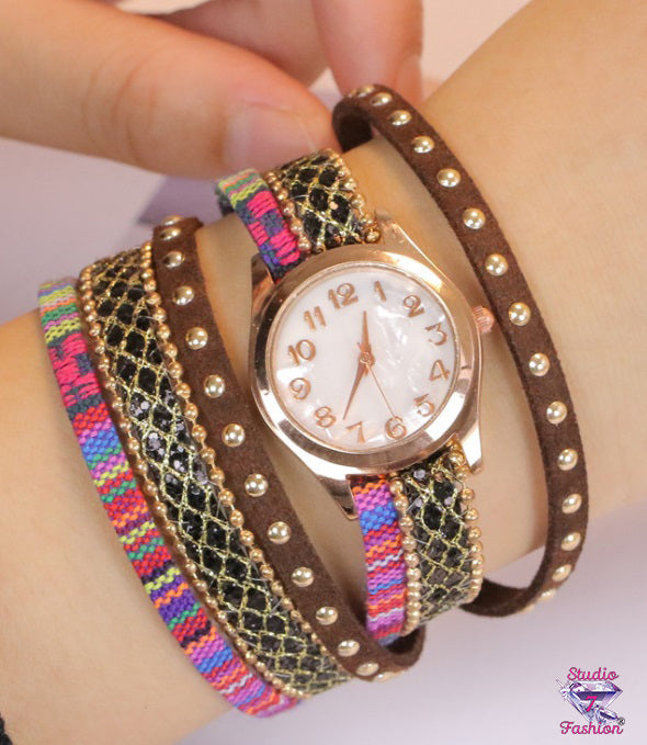 Multicolor/Multilayer Wrap Watch-Coffee